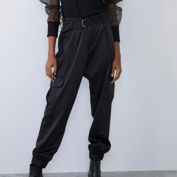 Zara Black Belted Satin Cargo Jogger Pants - Picture 1 of 7